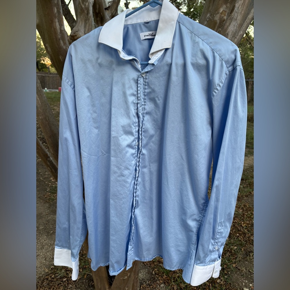 Ethan Williams long sleeve men’s blue and white button up dress shirt